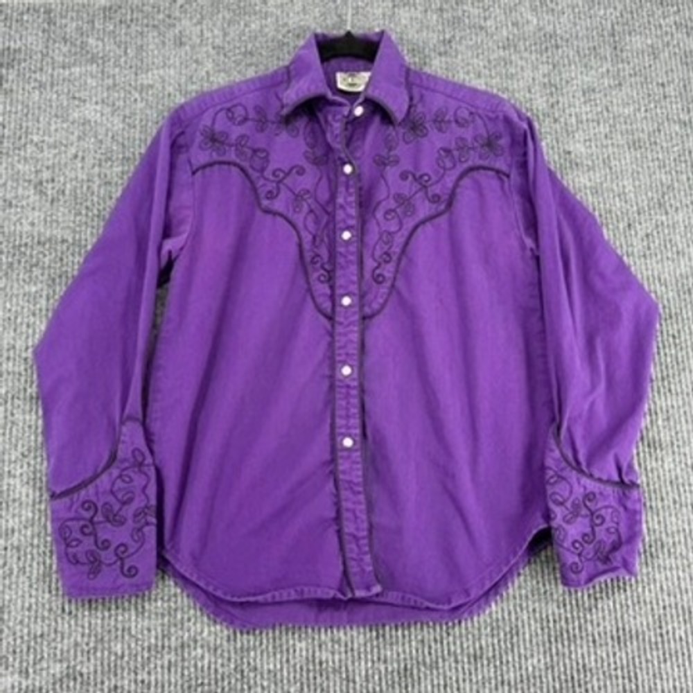 Rods Western Shirt Mens Medium Purple Embroidered Floral Long Sleeve Button Up